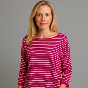 Chaps Women’s 2X Plus Hot Pink White Striped 3/4 Sleeve Preppy Casual Top Shirt